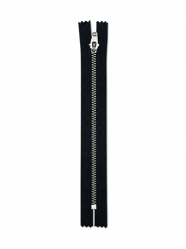 Kot Fermuarı 18 cm – Dayanıklı Metal Dişli Jean ve Pantolon Fermuarı - Gümüş Dişli Siyah