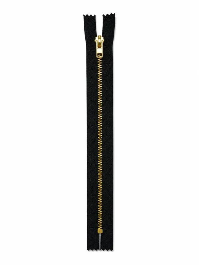 Kot Fermuarı 18 cm – Dayanıklı Metal Dişli Jean ve Pantolon Fermuarı - Gold Dişli Siyah